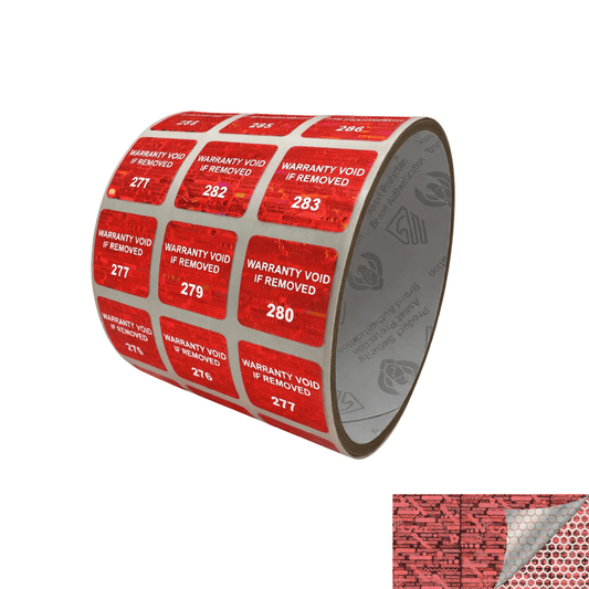 250 Red Tamper Evident Holographic Security Label Seal Sticker TamperMax®, Square 0.75" (19mm). Printed: Warranty Void if Removed + Serialization