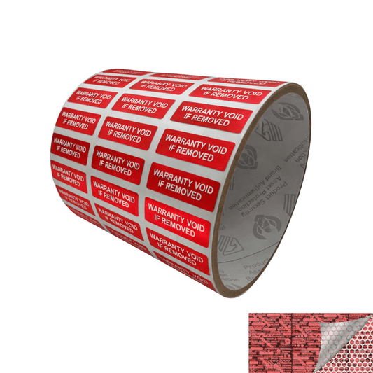 250 Red Tamper Evident Holographic Security Label Seal Sticker TamperMax®, Rectangle 1" x 0.375" (25mm x 9mm). Printed: Warranty Void if Removed + Serialization