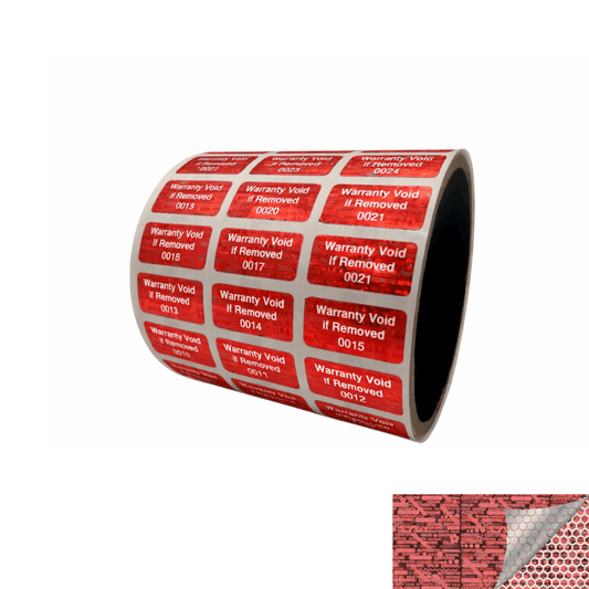 250 Red Tamper Evident Holographic Security Label Seal Sticker TamperMax®, Rectangle 1" x 0.5" (25mm x 13mm). Printed: Warranty Void if Removed + Serialization
