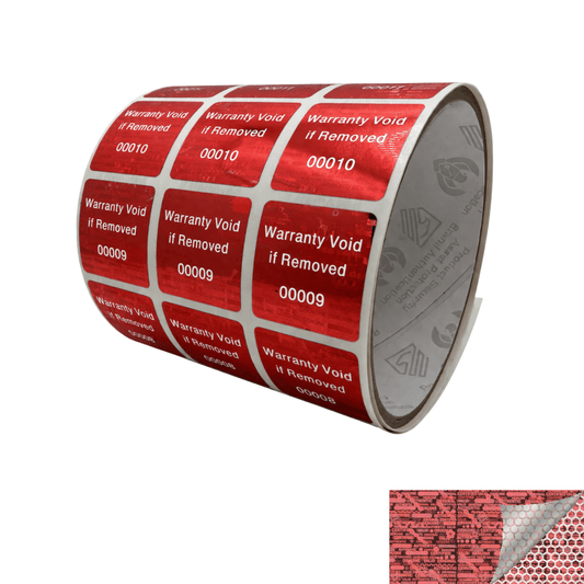 250 Red Tamper Evident Holographic Security Label Seal Sticker TamperMax®, Square 1" x 1" (25mm x 25mm). Printed: Warranty Void if Removed + Serialization