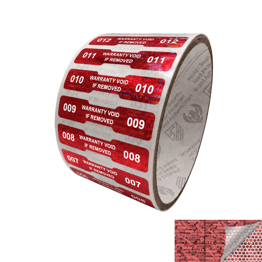 250 Red Tamper Evident Holographic Security Label Seal Sticker, Dogbone 1.75" x 0.375" (44mm x 9mm). Printed: Warranty Void if Removed + Serialization