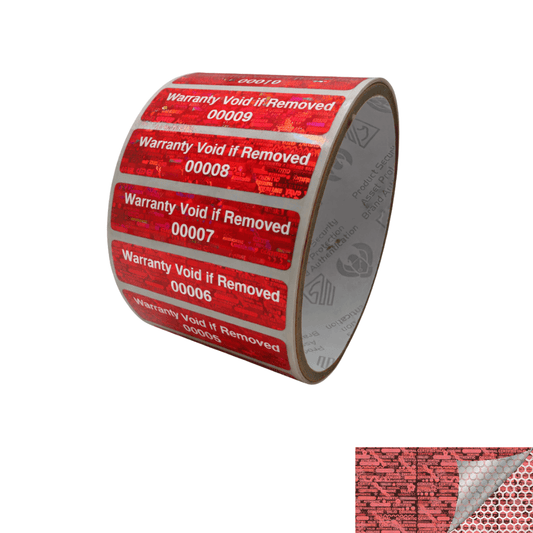 250 Tamper Evident Holographic Bright Red Security Label Seal Sticker, Rectangle 2" x 0.5" (51mm x 13mm). Printed: Warranty Void if Removed + Serial Number