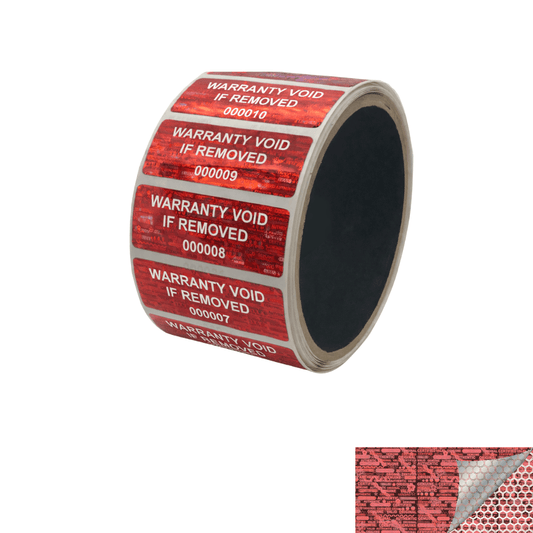 250 Red Tamper Evident Holographic Security Label Seal Sticker TamperMax®, Rectangle 2" x 0.75" (51mm x 19mm). Printed: Warranty Void if Removed + Serialization