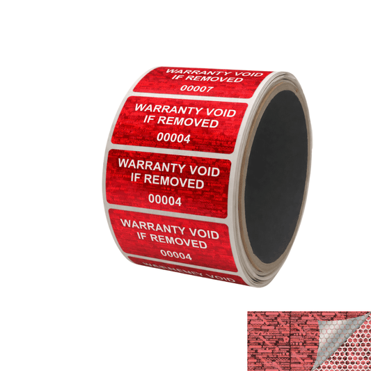 250 Red Tamper Evident Holographic Security Label Seal Sticker TamperMax®, Rectangle 2" x 1" (51mm x 25mm). Printed: Warranty Void if Removed + Serialization