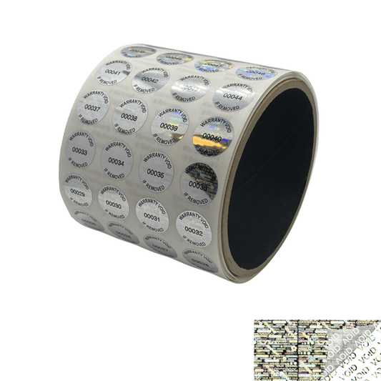 250 Silver Tamper Evident Holographic Silver Bright Security Label Seal Sticker TamperMax®, Circle 0.625" diameter (16mm). Printed: Warranty Void if Removed + Serialization