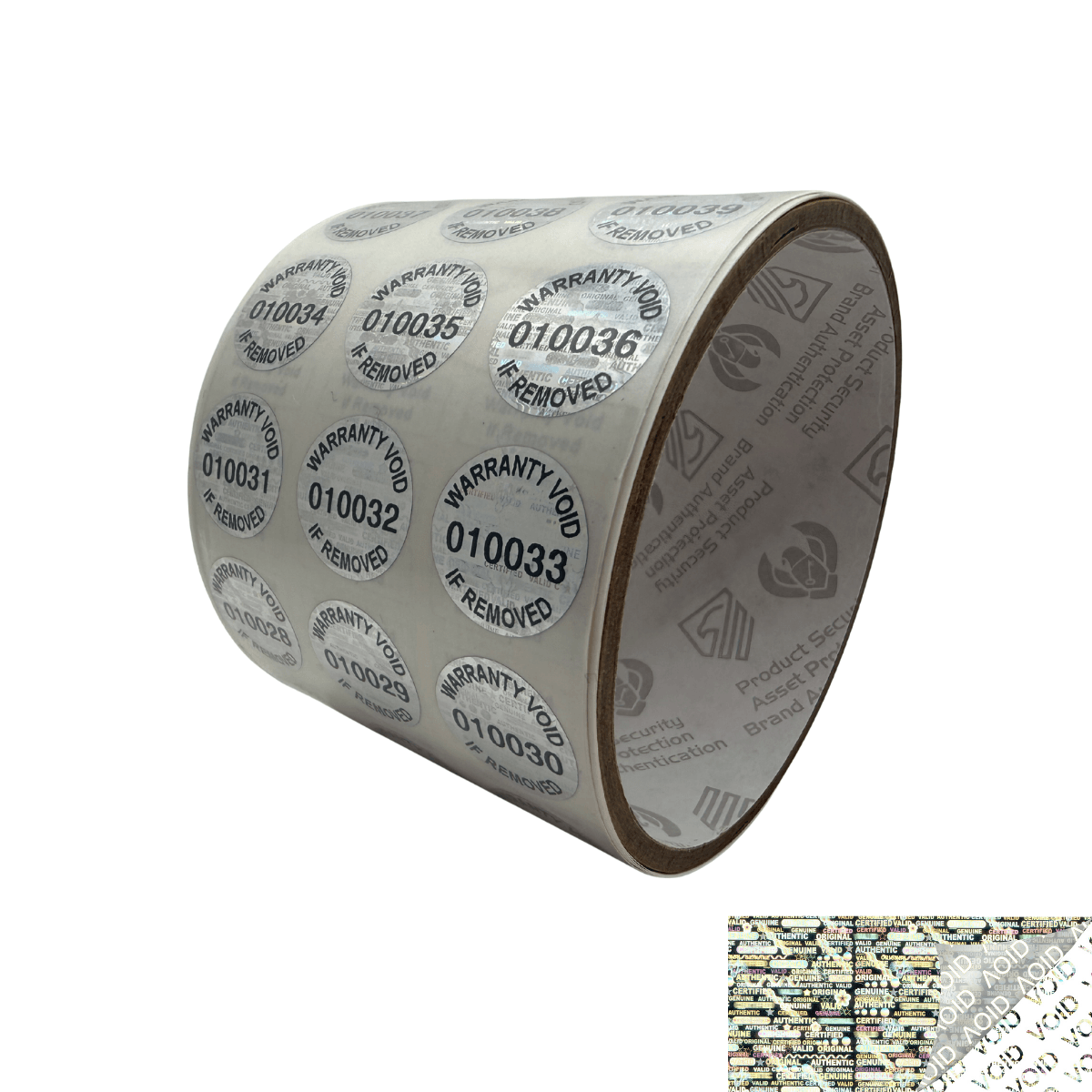 250 Silver Tamper Evident Holographic Silver Bright Security Label Seal Sticker TamperMax®, Circle 0.75" diameter (19mm). Printed: Warranty Void if Removed + Serialization