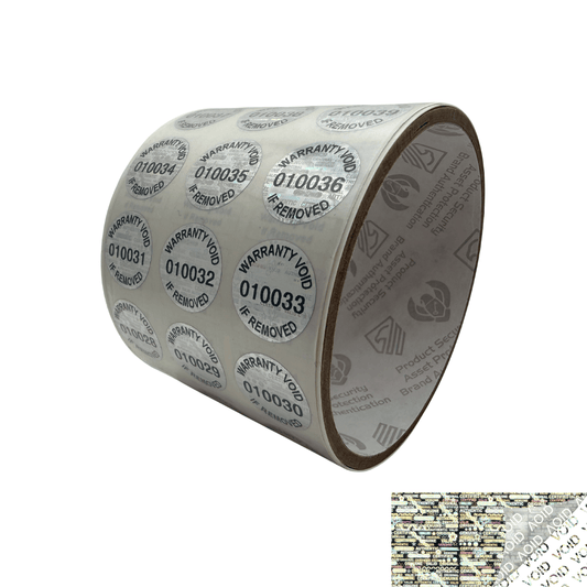 250 Silver Tamper Evident Holographic Silver Bright Security Label Seal Sticker TamperMax®, Circle 0.75" diameter (19mm). Printed: Warranty Void if Removed + Serialization
