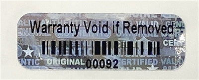 1,000 Silver Tamper Evident Holographic Silver Bright Security Label Seal Sticker TamperMax®, Rectangle 0.75" x 0.25" (19mm x 6mm). Printed: Warranty Void if Removed + Serialization.