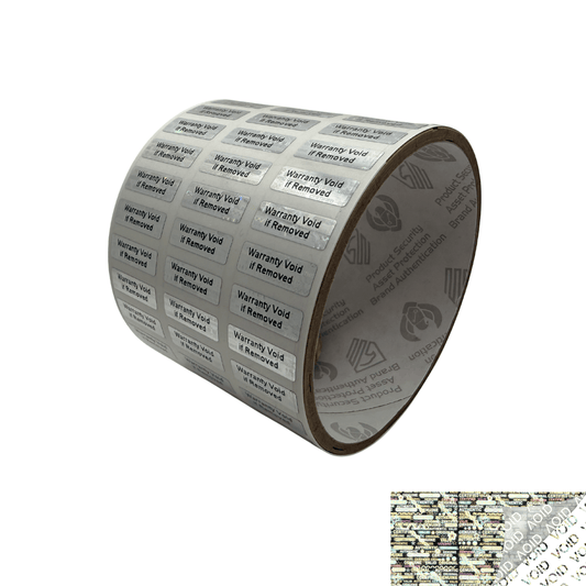 250 Silver Tamper Evident Holographic Silver Bright Security Label Seal Sticker TamperMax®, Rectangle 0.75" x 0.25" (19mm x 6mm). Printed: Warranty Void if Removed + Serialization.