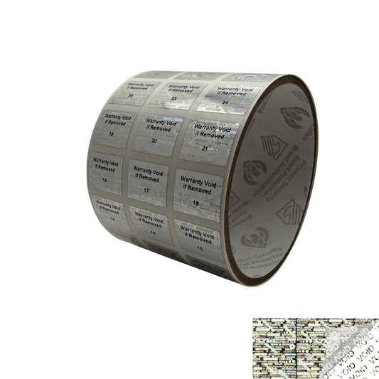 250 Silver Tamper Evident Holographic Silver Bright Security Label Seal Sticker TamperMax®, Rectangle .75" x 0.6" (19mm x 15mm). Printed: Warranty Void if Removed + Serialization