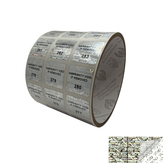 250 Silver Tamper Evident Holographic Security Label Seal Sticker TamperMax®, Square 0.75" (19mm). Printed: Warranty Void if Removed + Serialization