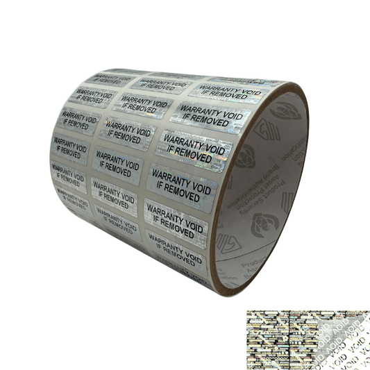 250 Silver Tamper Evident Holographic Security Label Seal Sticker TamperMax®, Rectangle 1" x 0.375" (25mm x 9mm). Printed: Warranty Void if Removed + Serialization