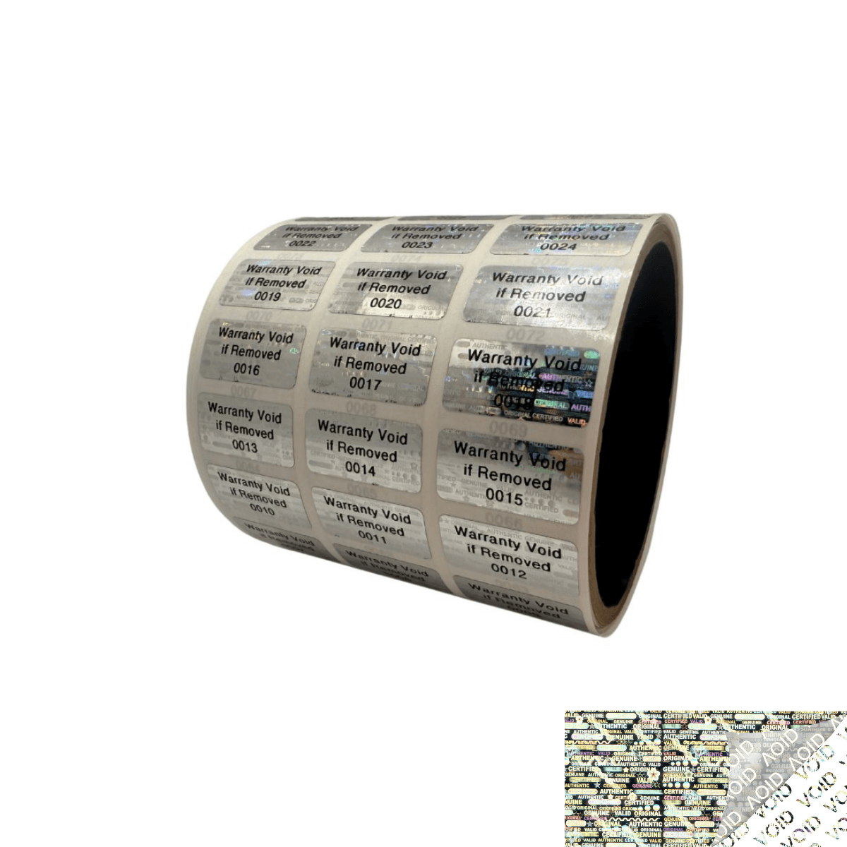 1,000 Silver Tamper Evident Holographic Silver Bright Security Label Seal Sticker TamperMax®, Rectangle 1" x 0.5" (25mm x 13mm). Printed: Warranty Void if Removed + Serialization