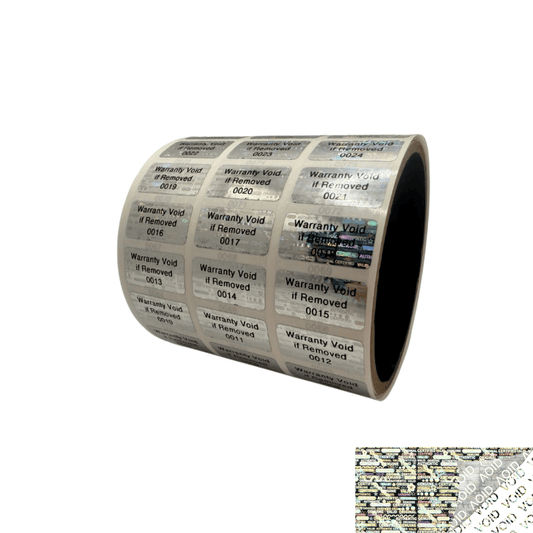 250 Silver Tamper Evident Holographic Silver Bright Security Label Seal Sticker TamperMax®, Rectangle 1" x 0.5" (25mm x 13mm). Printed: Warranty Void if Removed + Serialization