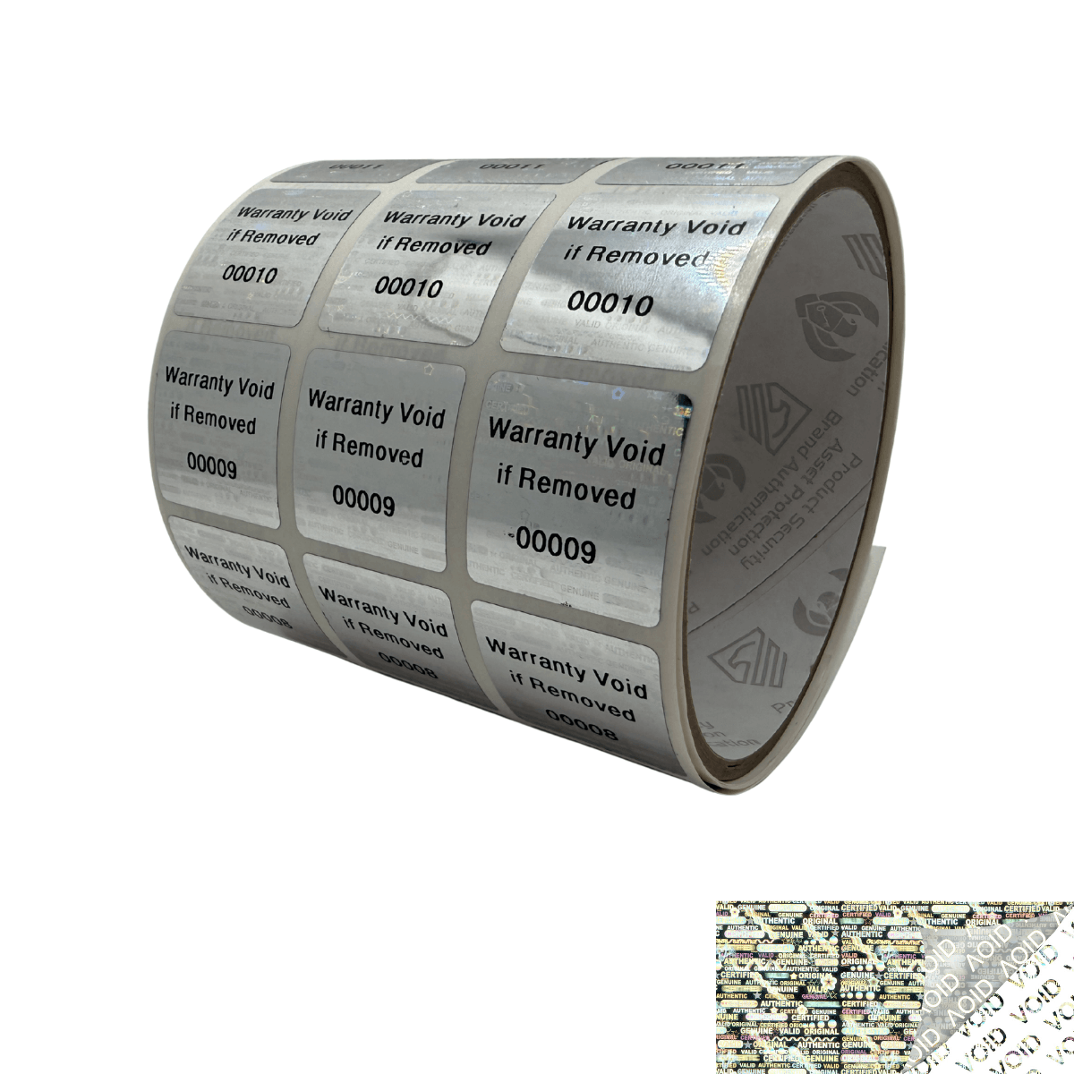 1,000 Silver Tamper Evident Holographic Security Label Seal Sticker TamperMax®, Square 1" x 1" (25mm x 25mm). Printed: Warranty Void if Removed + Serialization