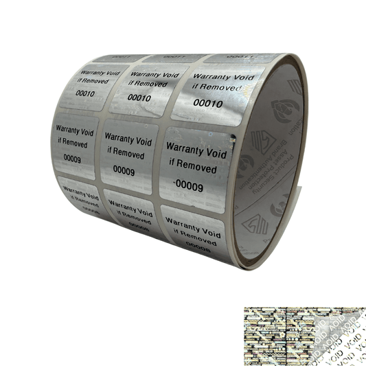 250 Silver Tamper Evident Holographic Security Label Seal Sticker TamperMax®, Square 1" x 1" (25mm x 25mm). Printed: Warranty Void if Removed + Serialization