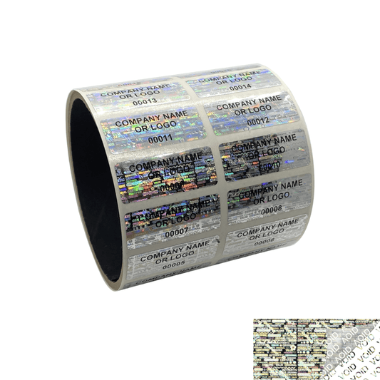 250 Silver Tamper Evident Holographic Silver Bright Security Label Seal Sticker TamperMax®, Rectangle 1.5" x 0.6" (38mm x 15mm). Printed: Warranty Void if Removed + Serialization
