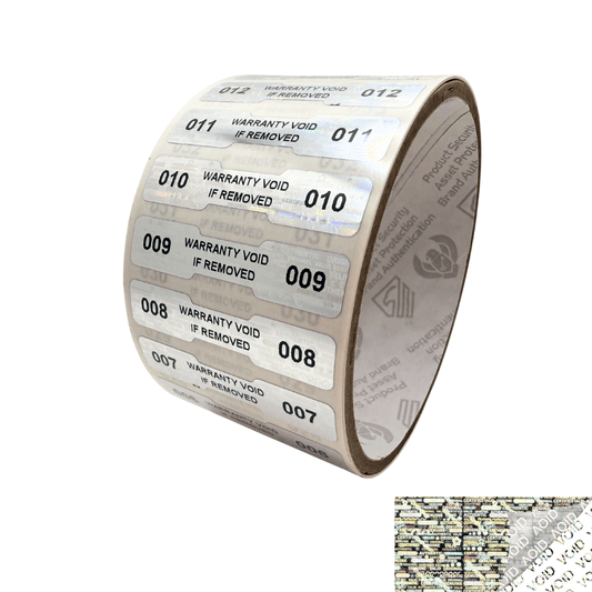 250 Silver Tamper Evident Holographic Security Label Seal Sticker, Dogbone 1.75" x 0.375" (44mm x 9mm). Printed: Warranty Void if Removed + Serialization