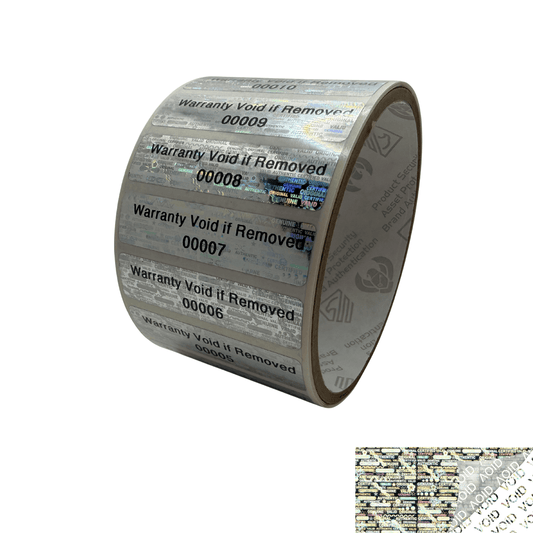 250 Tamper Evident Holographic Bright Silver Security Label Seal Sticker, Rectangle 2" x 0.5" (51mm x 13mm). Printed: Warranty Void if Removed + Serial Number