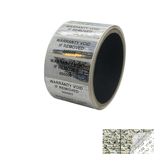 250 Silver Tamper Evident Holographic Security Label Seal Sticker TamperMax®, Rectangle 2" x 0.75" (51mm x 19mm). Printed: Warranty Void if Removed + Serialization