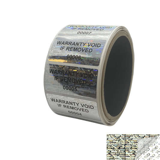 250 Silver Tamper Evident Holographic Security Label Seal Sticker TamperMax®, Rectangle 2" x 1" (51mm x 25mm). Printed: Warranty Void if Removed + Serialization
