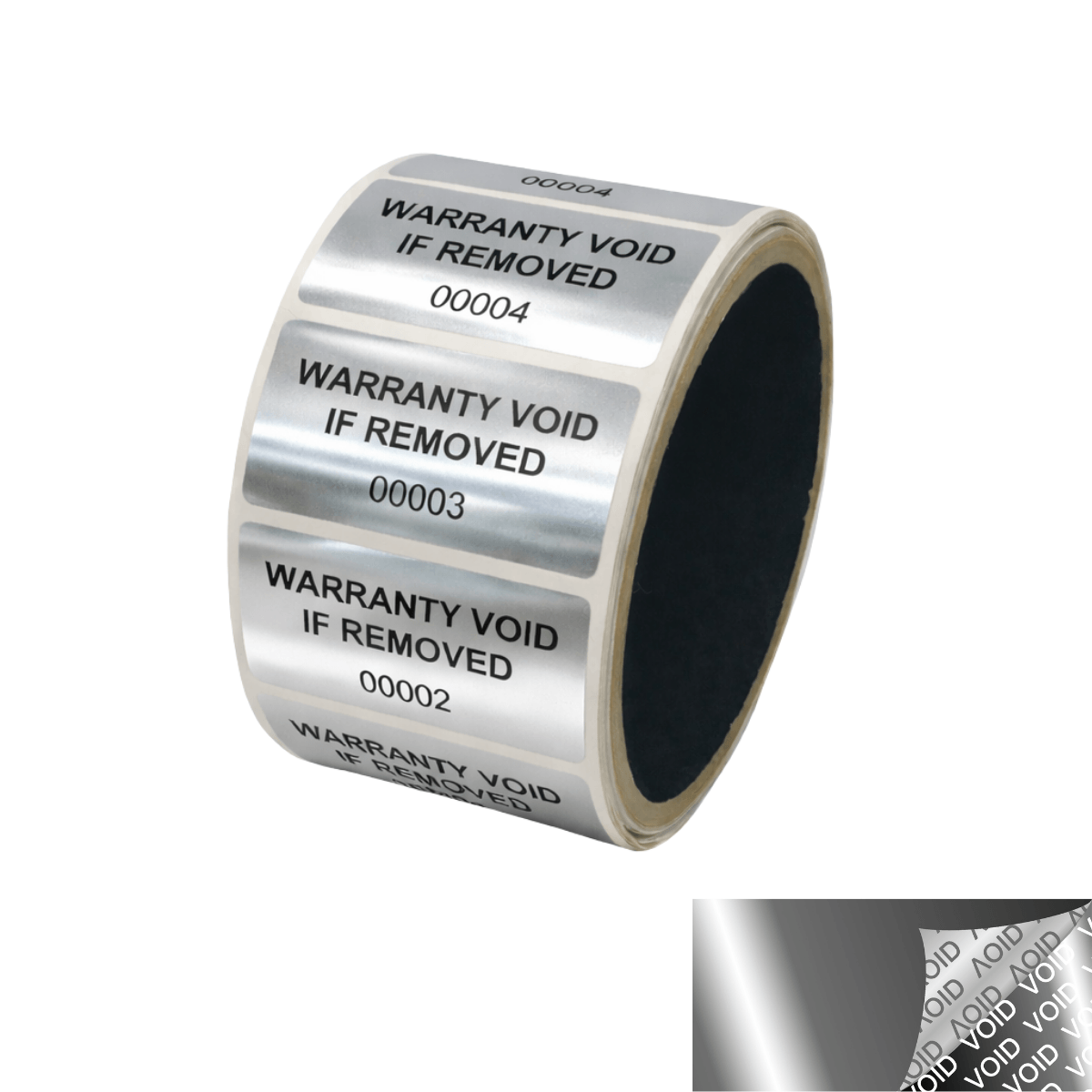 250 TamperVoid® Metallic Silver Chrome Tamper Evident Security Labels Seal Sticker, Rectangle 2" x 0.75" (51mm x 19mm). Printed: Warranty Void if Removed + Serialization