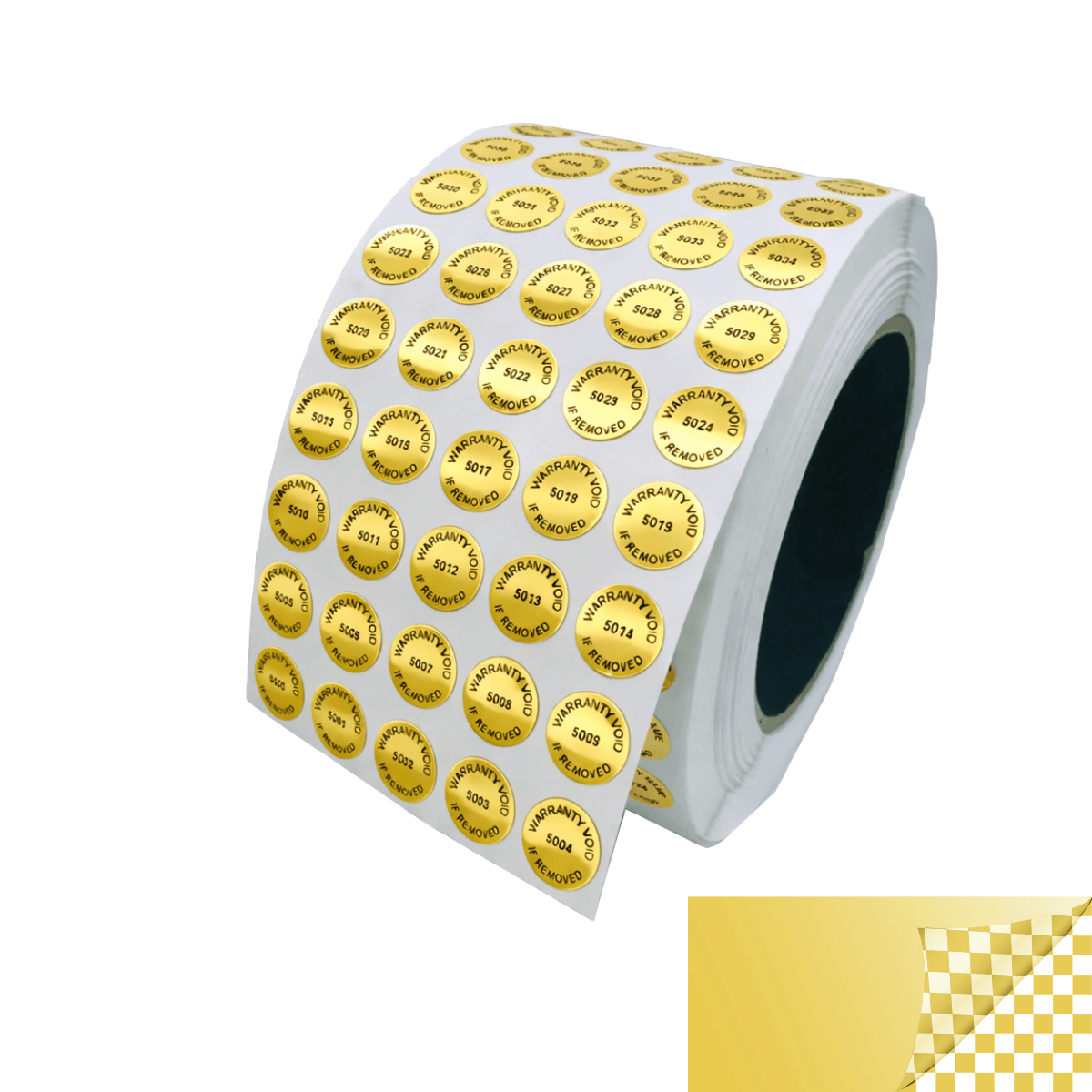 1,000 TamperVoidPro® Gold Tamper Evident Security Labels Seal Sticker, Round/ Circle 0.5" diameter (13mm). Printed: Warranty Void if Removed + Serialization