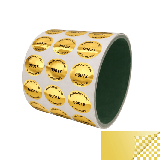5,000 TamperVoidPro® Gold Tamper Evident Security Labels Seal Sticker, Round/ Circle 0.75" diameter (19mm). Printed: Warranty Void if Removed.
