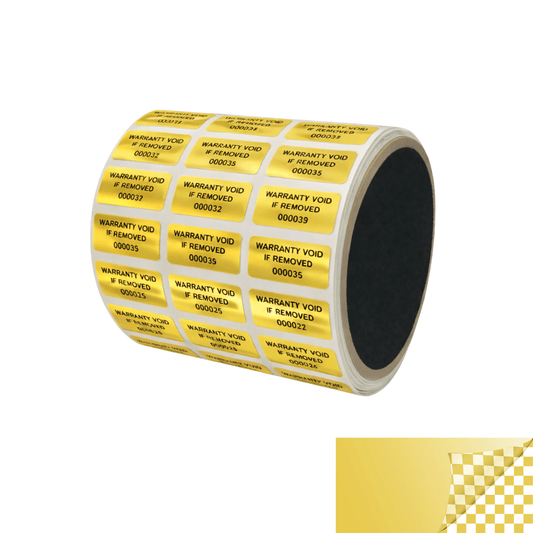 500 TamperVoidPro® Gold Tamper Evident Security Labels Seal Sticker, Rectangle 1" x 0.5" (25mm x 13mm). Printed: Warranty Void if Removed + serialization