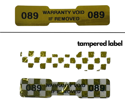250 TamperVoidPro® Gold Tamper Evident Security Labels Seal Sticker, Dogbone Shape Size 1.75" x 0.375 (44mm x 9mm). Printed: Warranty Void if Removed + Serialization.