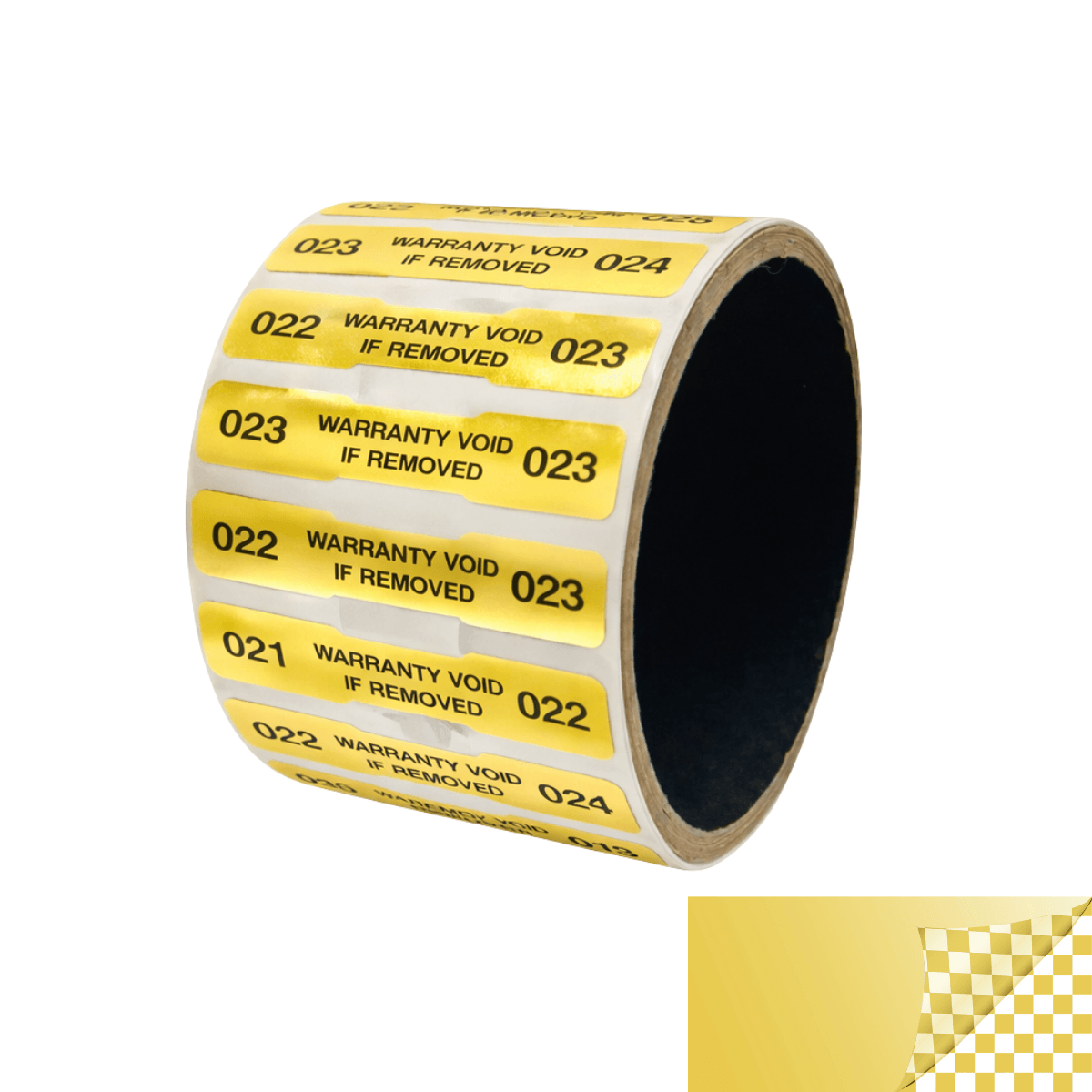 250 TamperVoidPro® Gold Tamper Evident Security Labels Seal Sticker, Dogbone Shape Size 1.75" x 0.375 (44mm x 9mm). Printed: Warranty Void if Label Removed + Serialization.