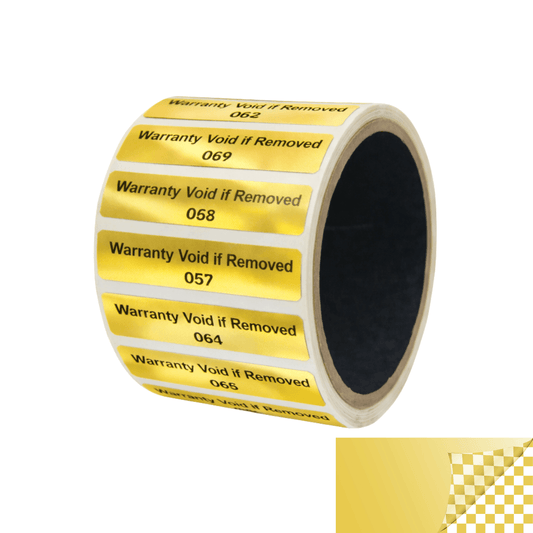 5,000 TamperVoidPro® Gold Tamper Evident Security Labels Seal Sticker, Rectangle 2" x 0.5" (51mm x 13mm). Printed: Warranty Void if Removed + Serialization.