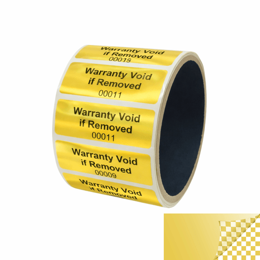 5,000 TamperVoidPro® Gold Tamper Evident Security Labels Seal Sticker, Rectangle 2" x 0.75" (51mm x 19mm). Printed: Warranty Void if Removed + Serialization