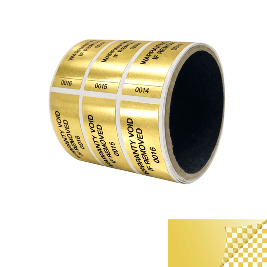5,000 TamperVoidPro® Gold Tamper Evident Security Labels Seal Sticker, Rectangle 2.75" x 1" (70mm x 25mm). Printed: Warranty Void if Removed + Serialization