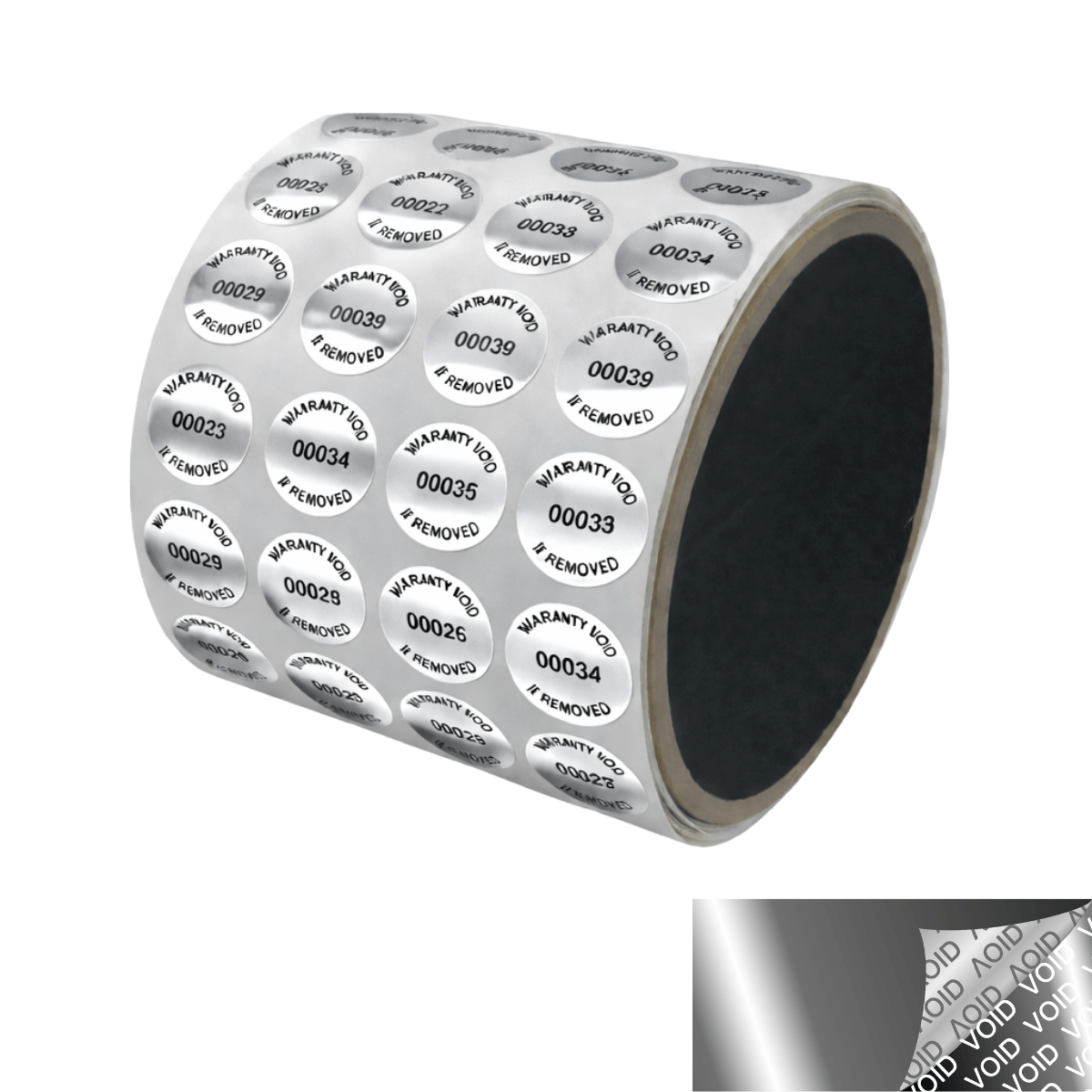 2,000 TamperVoidPro® Metallic Silver/ Chrome Tamper Evident Security Labels Seal Sticker, Round/ Circle 0.625" diameter (16mm). Printed: Warranty Void if Removed + Serialization