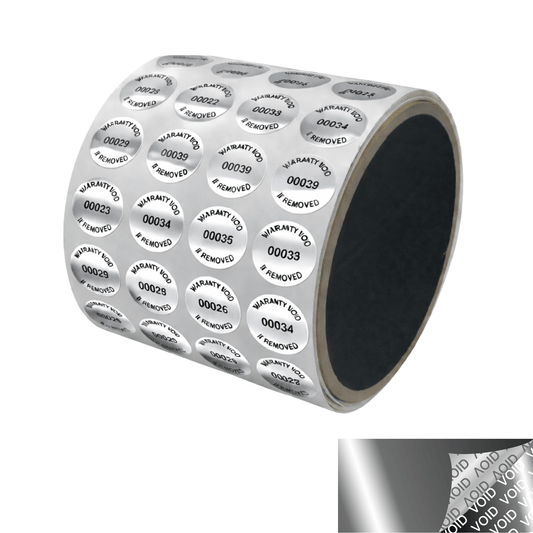 5,000 TamperVoidPro® Metallic Silver/ Chrome Tamper Evident Security Labels Seal Sticker, Round/ Circle 0.625" diameter (16mm). Printed: Warranty Void if Removed + Serialization
