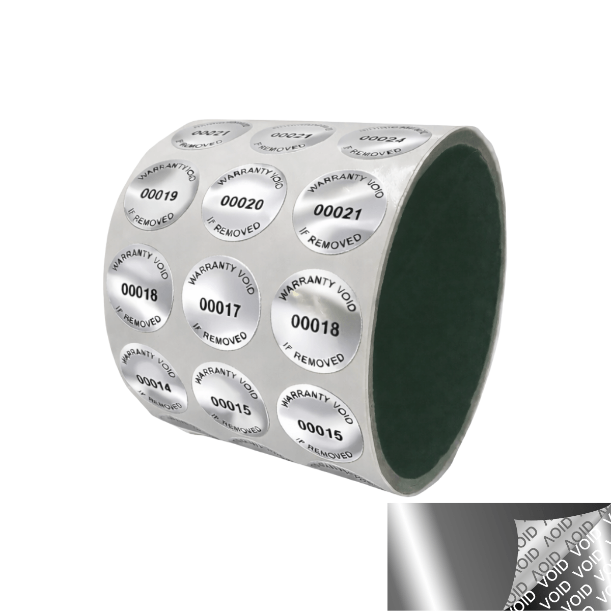 2,000 Silver Bright TamperVoidPro Metallic Tamper Evident Security Labels Seal Sticker, Round/ Circle 0.75" diameter (19mm). Printed: Warranty Void if Removed + Serialization.
