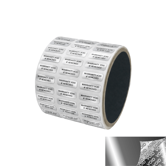 10,000 TamperVoidPro® Metallic Silver/ Chrome Tamper Evident Security Labels Seal Sticker, Rectangle 0.75" x 0.25" (19mm x 6mm). Printed: Warranty Void if Removed.