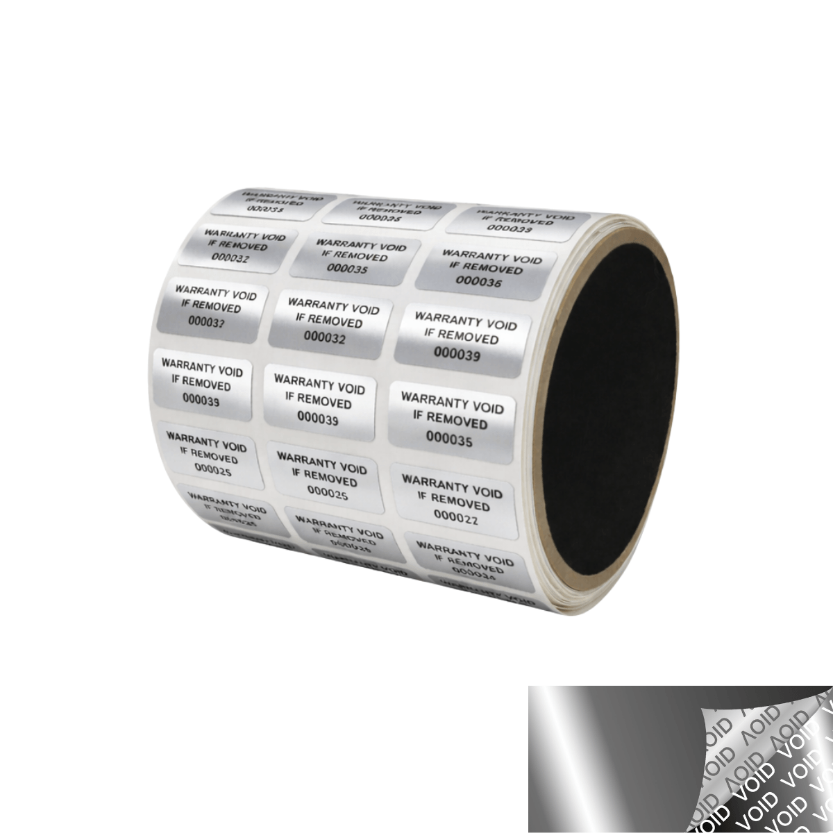 500 TamperVoidPro® Metallic Silver/ Chrome Tamper Evident Security Labels Seal Sticker, Rectangle 1" x 0.5" (25mm x 13mm). Printed: Warranty Void if Removed.