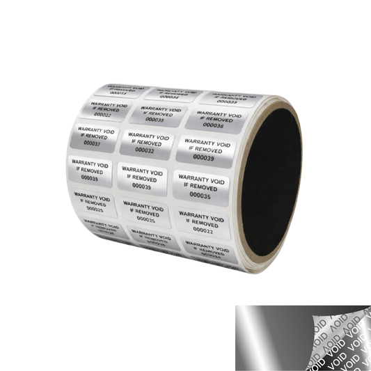5,000 TamperVoidPro® Metallic Silver/ Chrome Tamper Evident Security Labels Seal Sticker, Rectangle 1" x 0.5" (25mm x 13mm). Printed: Warranty Void if Removed.
