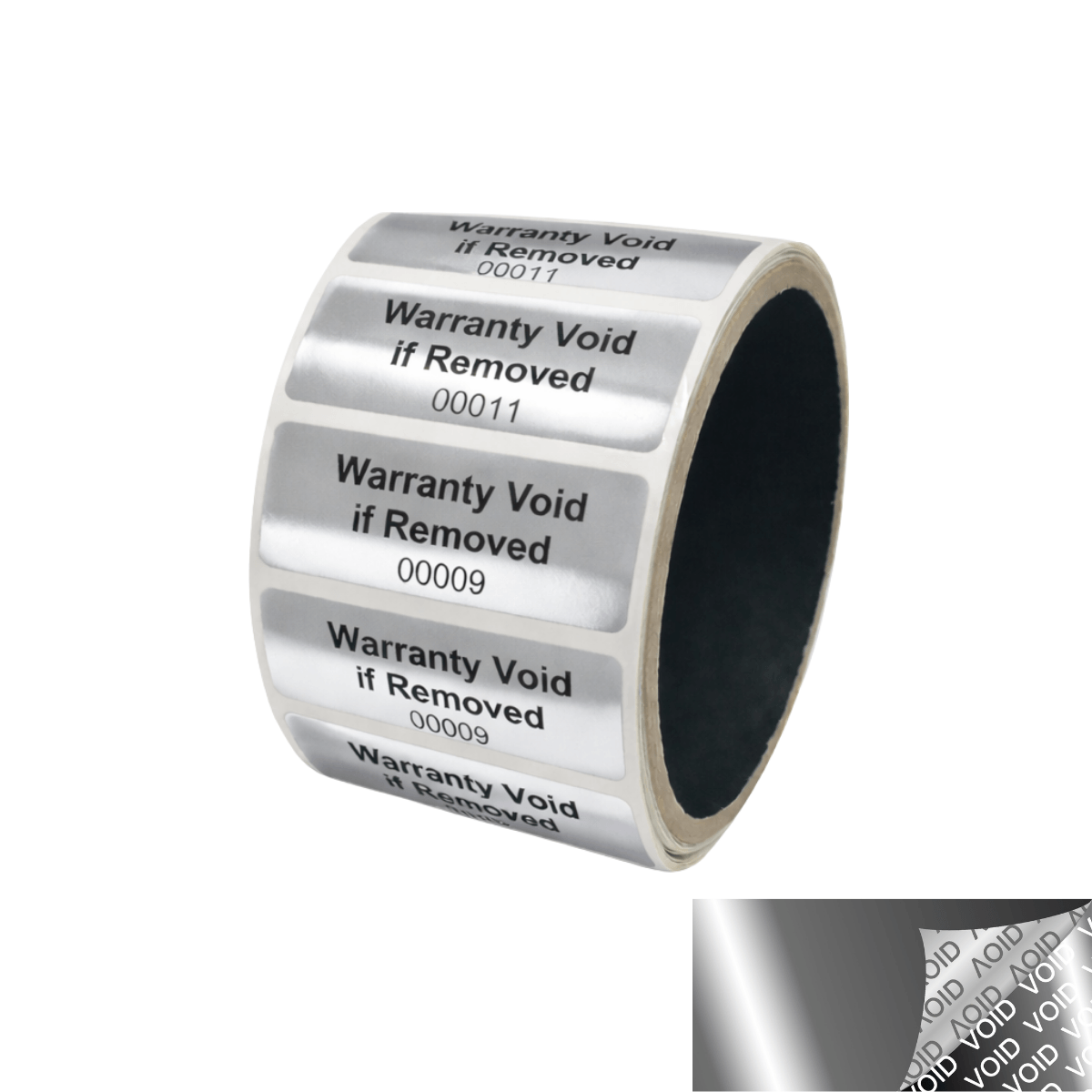 10,000 TamperVoidPro® Metallic Silver/ Chrome Tamper Evident Security Labels Seal Sticker, Rectangle 2" x 0.75" (51mm x 19mm). Printed: Warranty Void if Removed + Serialization