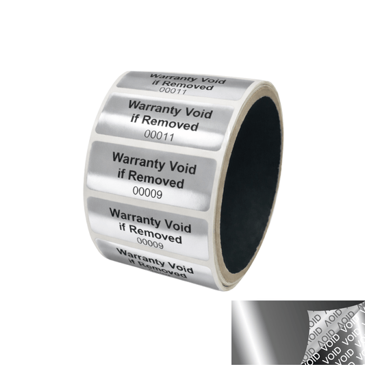 10,000 TamperVoidPro® Metallic Silver/ Chrome Tamper Evident Security Labels Seal Sticker, Rectangle 2" x 0.75" (51mm x 19mm). Printed: Warranty Void if Removed + Serialization