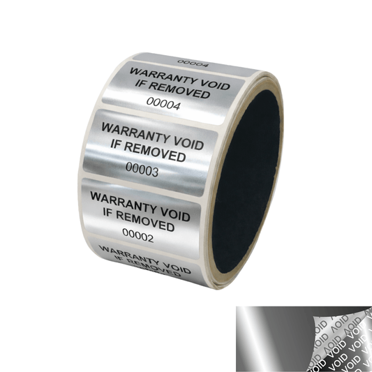 5,000 Silver Bright TamperVoidPro Metallic Tamper Evident Security Labels Seal Sticker, Rectangle 2" x 1" (51mm x 25mm). Printed: Warranty Void if Removed + Serialization.