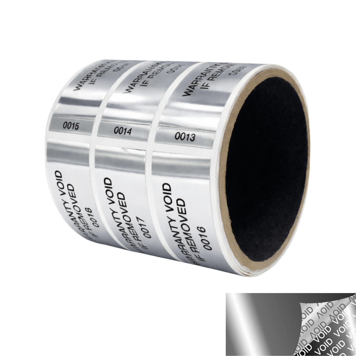 250 Silver Bright TamperVoidPro Metallic Tamper Evident Security Labels Seal Sticker, Rectangle 2.75" x 1" (70mm x 25mm). Printed: Warranty Void if Removed + Serialization.