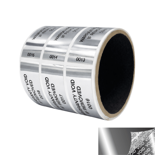 5,000 Silver Bright TamperVoidPro Metallic Tamper Evident Security Labels Seal Sticker, Rectangle 2.75" x 1" (70mm x 25mm). Printed: Warranty Void if Removed + Serialization.