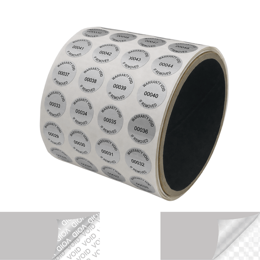 250 TamperVoidPro® Metallic Silver Matte Tamper Evident Security Labels Seal Sticker, Round/ Circle 0.625" diameter (16mm). Printed: Warranty Void if Removed + Serialization