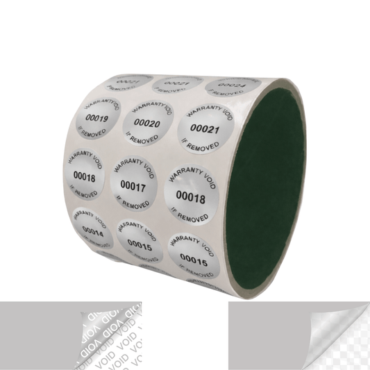 5,000 Silver Matte TamperVoidPro Metallic Tamper Evident Security Labels Seal Sticker, Round/ Circle 0.75" diameter (19mm). Printed: Warranty Void if Removed + Serial Number.