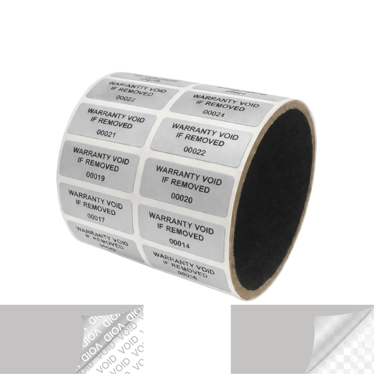 10,000 TamperVoidPro® Metallic Silver Matte Tamper Evident Security Labels Seal Sticker, Rectangle 1.5" x 0.6" (38mm x 15mm). Printed: Warranty Void if Removed + Serial Number