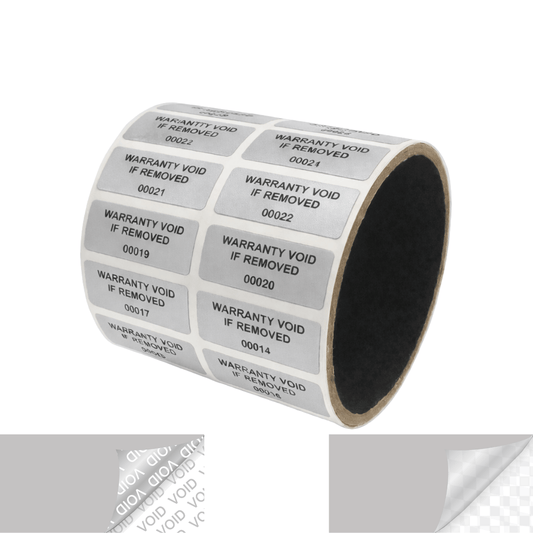 500 TamperVoidPro® Metallic Silver Matte Tamper Evident Security Labels Seal Sticker, Rectangle 1.5" x 0.6" (38mm x 15mm). Printed: Warranty Void if Removed + Serial Number