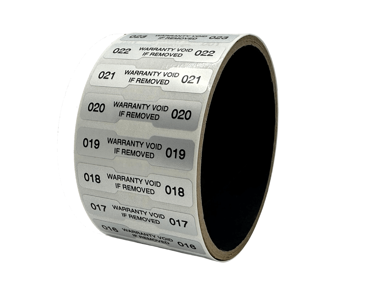 250 TamperVoidPro® Tamper Evident Security Labels Seal Sticker, Dogbone Shape Size 1.75" x 0.375 (44mm x 9mm). Printed: Warranty Void if Label Removed + Serialization.